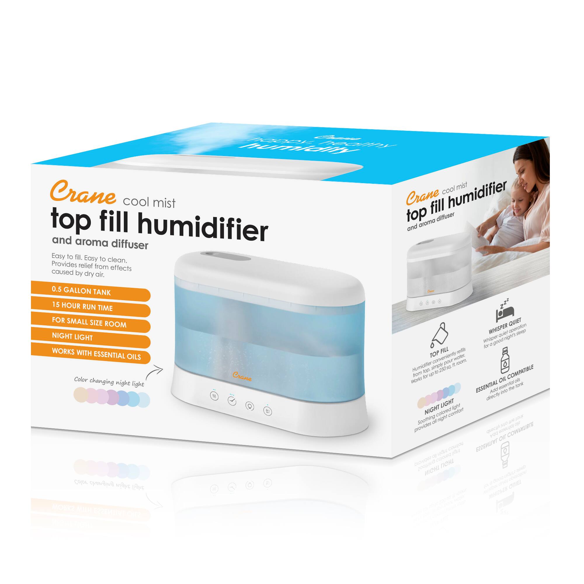 - Crane cool mist top fill humidifier and aroma diffuser
- Easy to fill. Easy to clean. Provides relief from effects caused by dry air.
- 0.5 GALLON TANK
- 15 HOUR RUN TIME FOR SMALL SIZE ROOM
- NIGHT LIGHT
- WORKS WITH ESSENTIAL OILS
- Color changing night light
- WHISPER QUIET
- TOP FILL
- ESSENTIAL OIL COMPATIBLE
- NIGHT LIGHT provides a calming light
- Color changing night light
- QUIET
- COMPATIBLE with essential oils