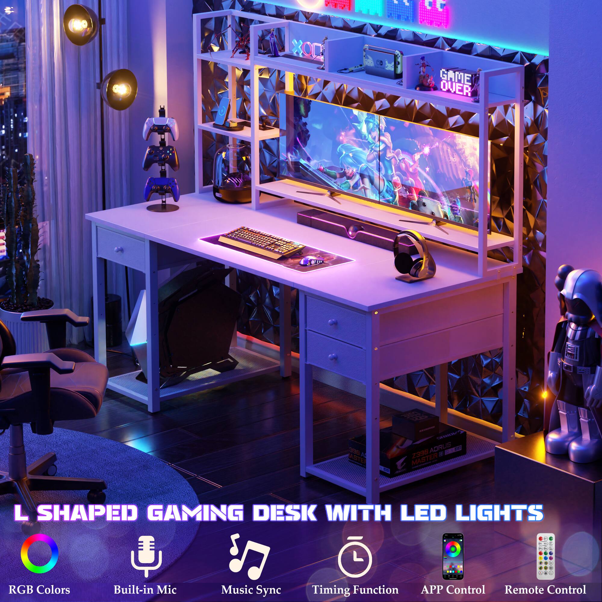 PSE 2 FF 1 MA XOD 00 GAME OVER

ADRUS Z33 - MASTER L SHAPED GAMING DESK WITH LED LIGHTS

RGB Colors
Built-in Mic
Music Sync
Timing Function
APP Control
Remote Control