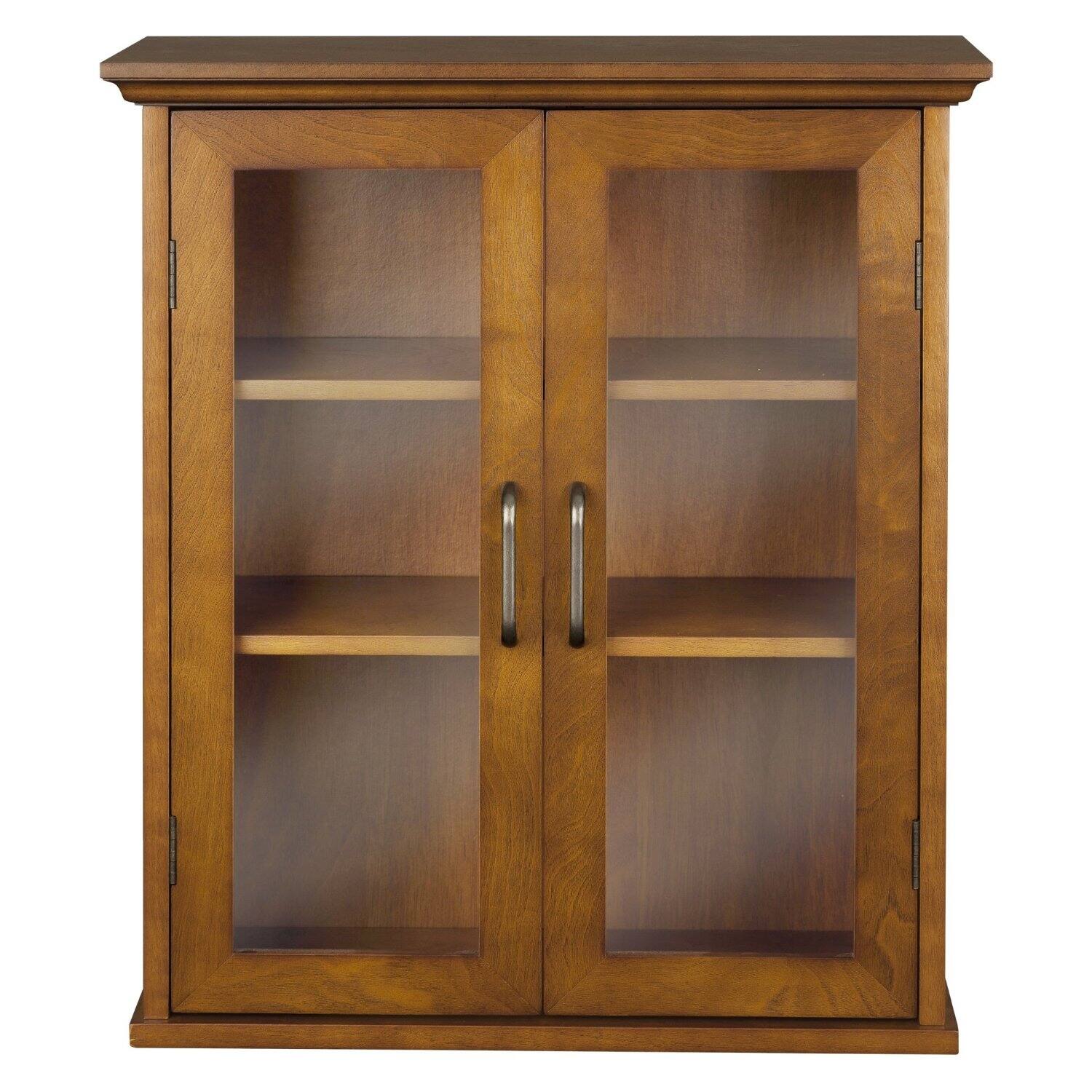 Front. Hivvago - Oak Finish Bathroom Wall Cabinet with Glass  2-Doors & Shelves - Oak.