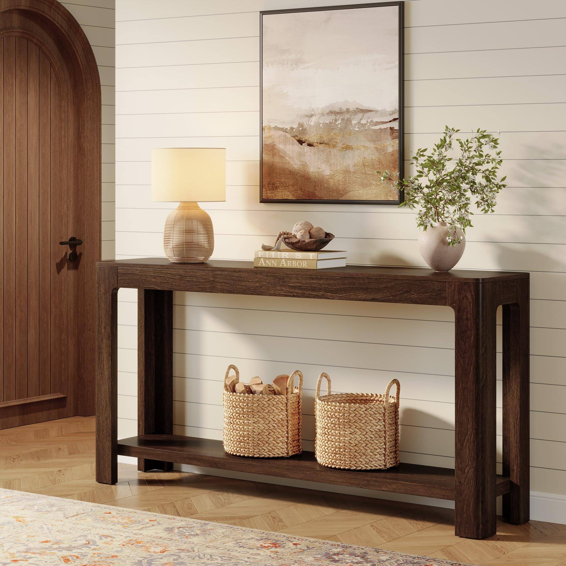 Tribesigns - 63-Inch Console Table, Farmhouse Entryway Table with Storage, Narrow Sofa Table Behind Couch for Living Room, Hallway, F - Dark Brown