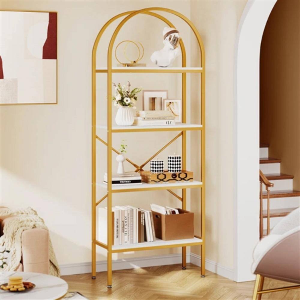 Back. Hivvago - Modern Arched Top Gold Frame Display Rack Bookcase with White Storage Shelves - Gold.
