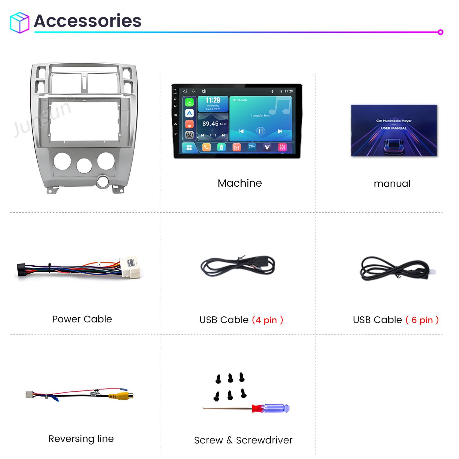 Accessories

- Machine
- Manual
- Power Cable
- USB Cable (4 pin)
- USB Cable (6 pin)
- Reversing Line
- Screw & Screwdriver