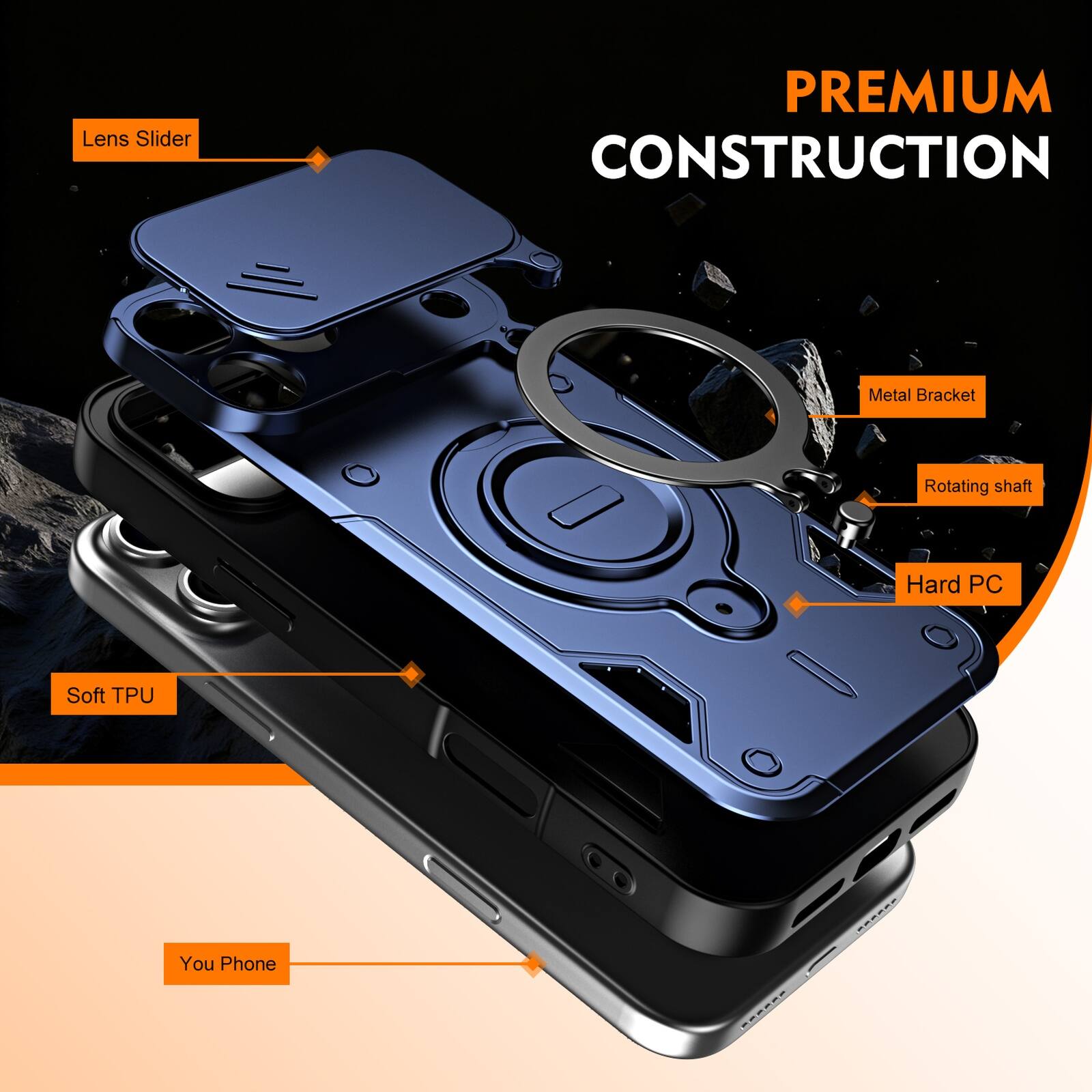 Lens Slider  
PREMIUM CONSTRUCTION  
Metal Bracket  
Rotating shaft  
Hard PC  
Soft TPU  
You Phone