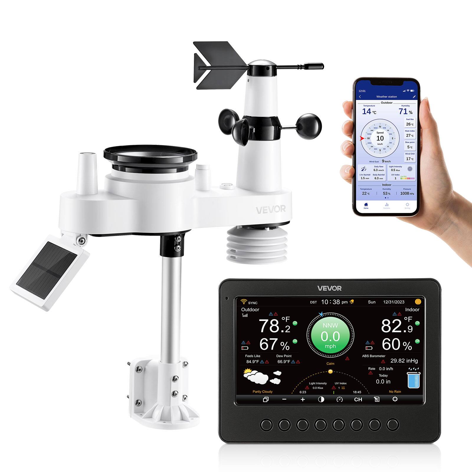 VEVOR - 7-in-1 Wi-Fi Weather Station, 7-Inch TFT Display, Wireless Solar Powered Outdoor Sensor, Rain Gauge - White