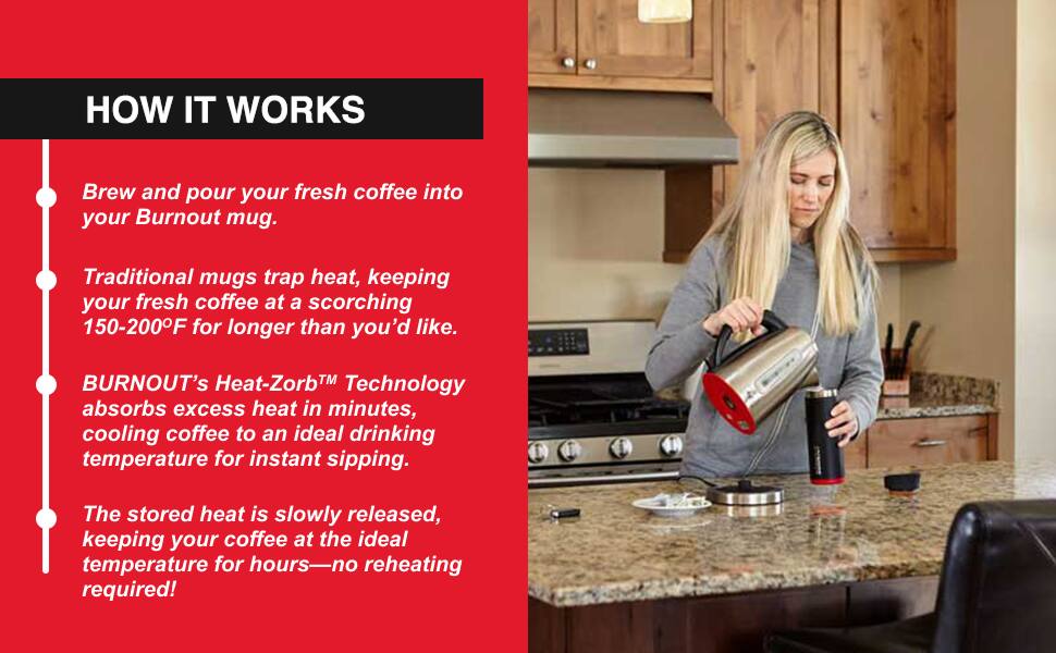 HOW IT WORKS

Brew and pour your fresh coffee into your Burnout mug.

Traditional mugs trap heat, keeping your fresh coffee at a scorching 150-200°F for longer than you'd like.

BURNOUT's Heat-Zorb™ Technology absorbs excess heat in minutes, cooling coffee to an ideal drinking temperature for instant sipping.

The stored heat is slowly released, keeping your coffee at the ideal temperature for hours—no reheating required!