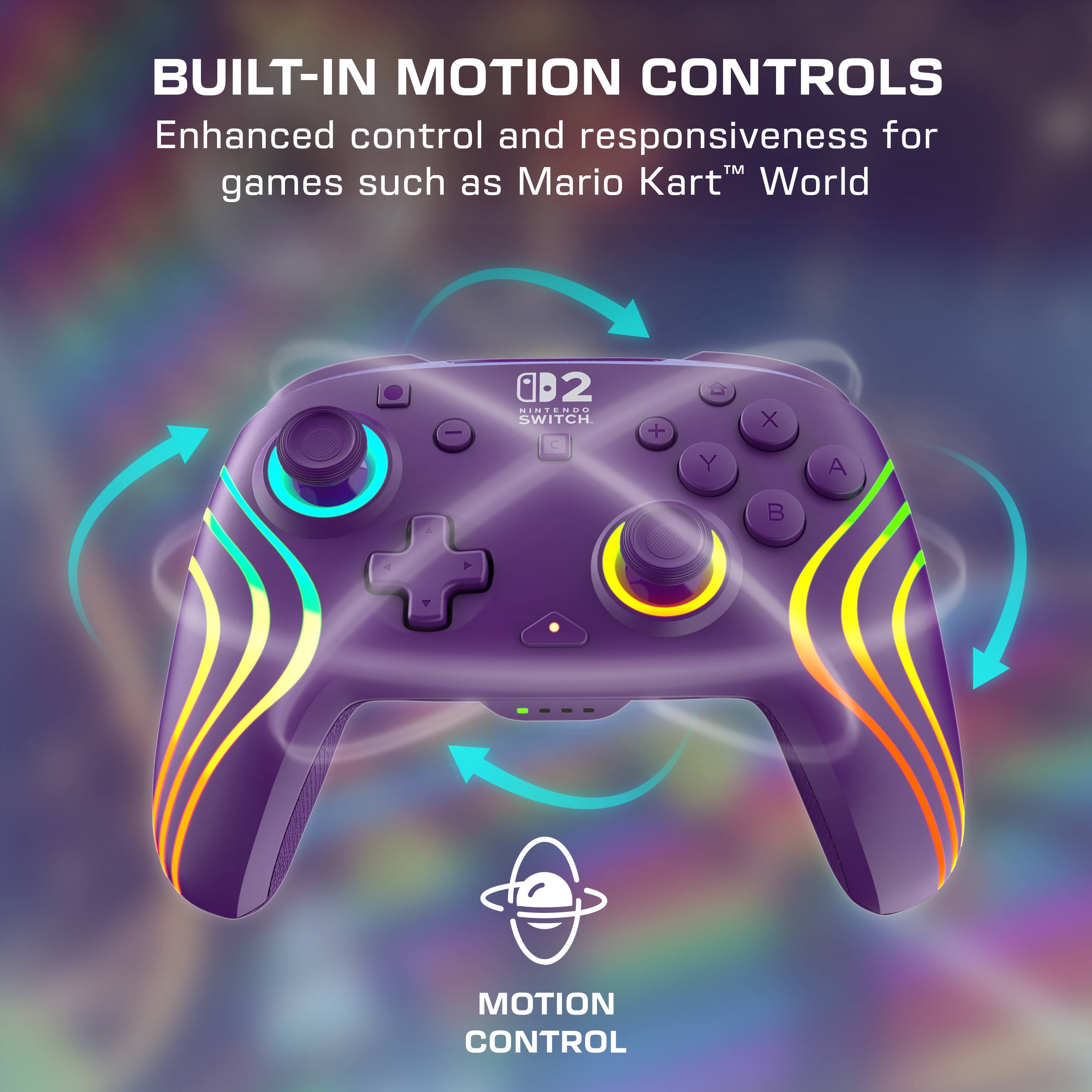 BUILT-IN MOTION CONTROLS  
Enhanced control and responsiveness for games such as Mario Kart™ World  

MINI SWITCH  
Y X A B  

MOTION CONTROL