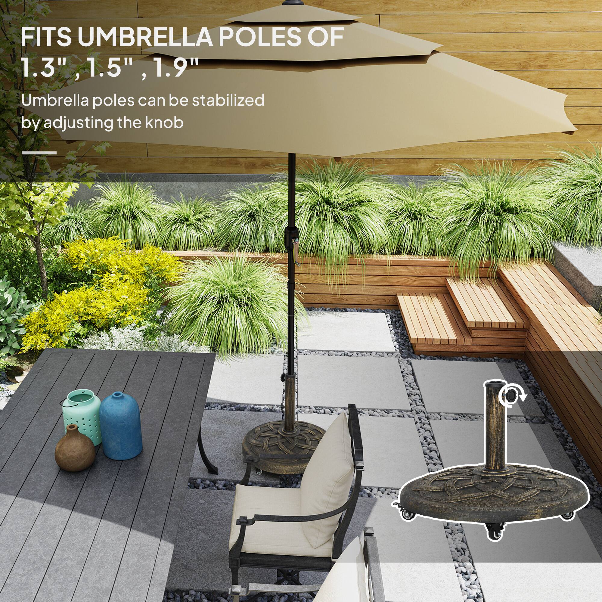 FITS UMBRELLA POLES OF 1.3", 1.5", 1.9" Umbrella poles can be stabilized by adjusting the knob