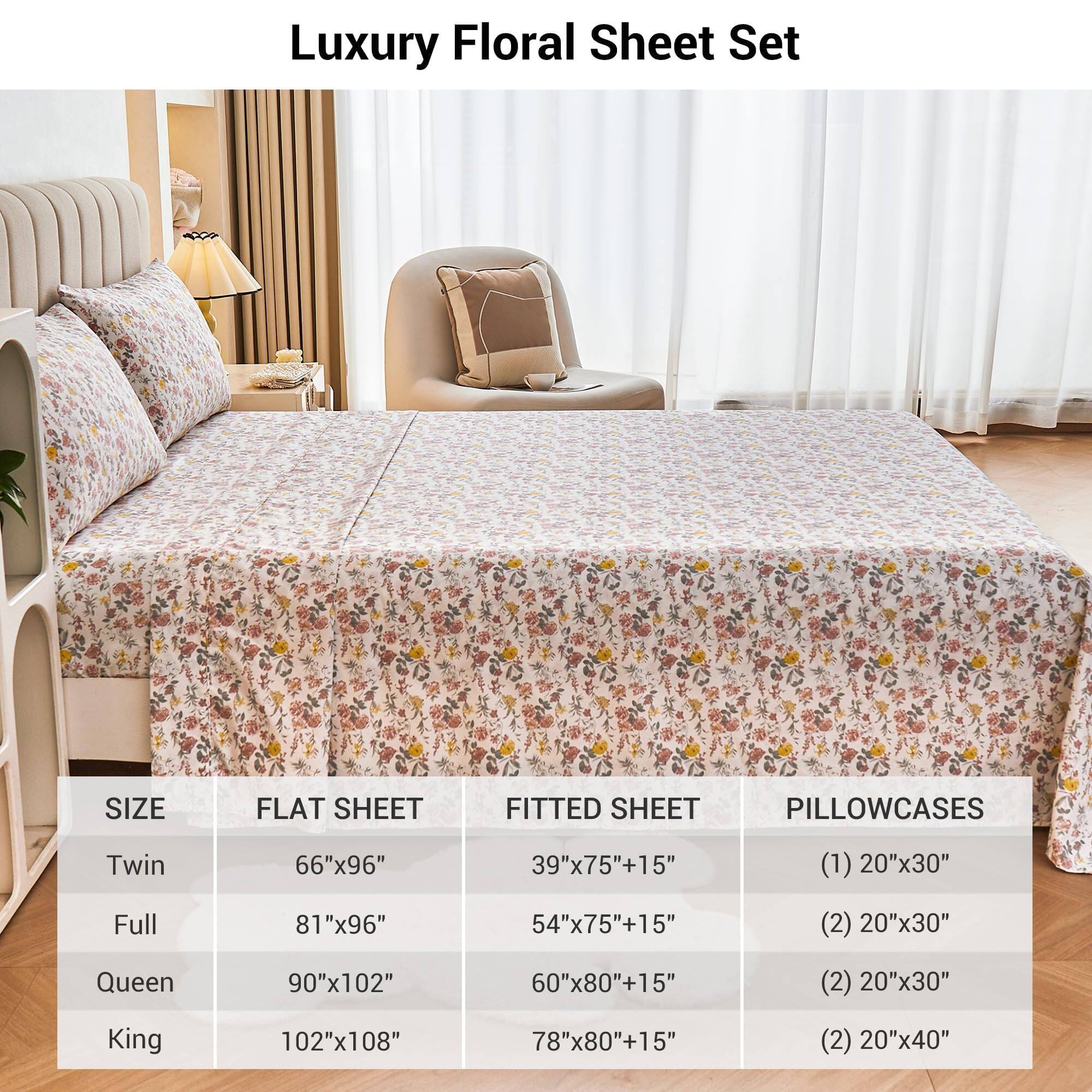 Luxury Floral Sheet Set

| SIZE    | FLAT SHEET    | FITTED SHEET     | PILLOWCASES |
|---------|--------------|-----------------|------------|
| Twin    | 66"x96"       | 39"x75"+15"      | (1) 20"x30" |
| Full    | 81"x96"       | 54"x75"+15"      | (2) 20"x30" |
| Queen   | 90"x102"      | 60"x80"+15"      | (2) 20"x30" |
| King    | 102"x108"     | 78"x80"+15"      | (2) 20"x40" |