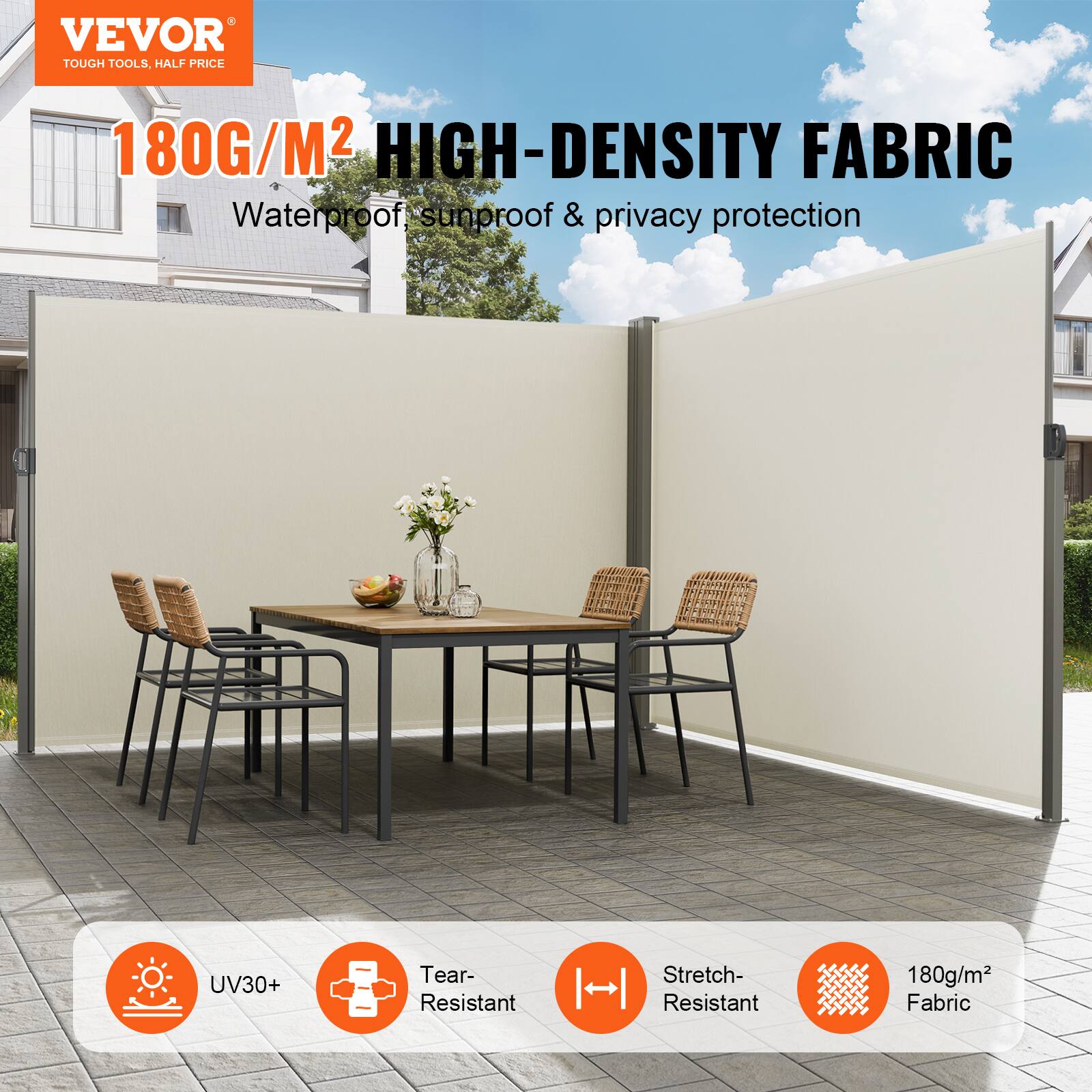 VEVOR TOUGH TOOLS. HALF PRICE 180G/M2 HIGH-DENSITY FABRIC Waterproof sunproof & privacy protection UV30+ Tear-Resistant Stretch-Resistant 180g/m2 Fabric
