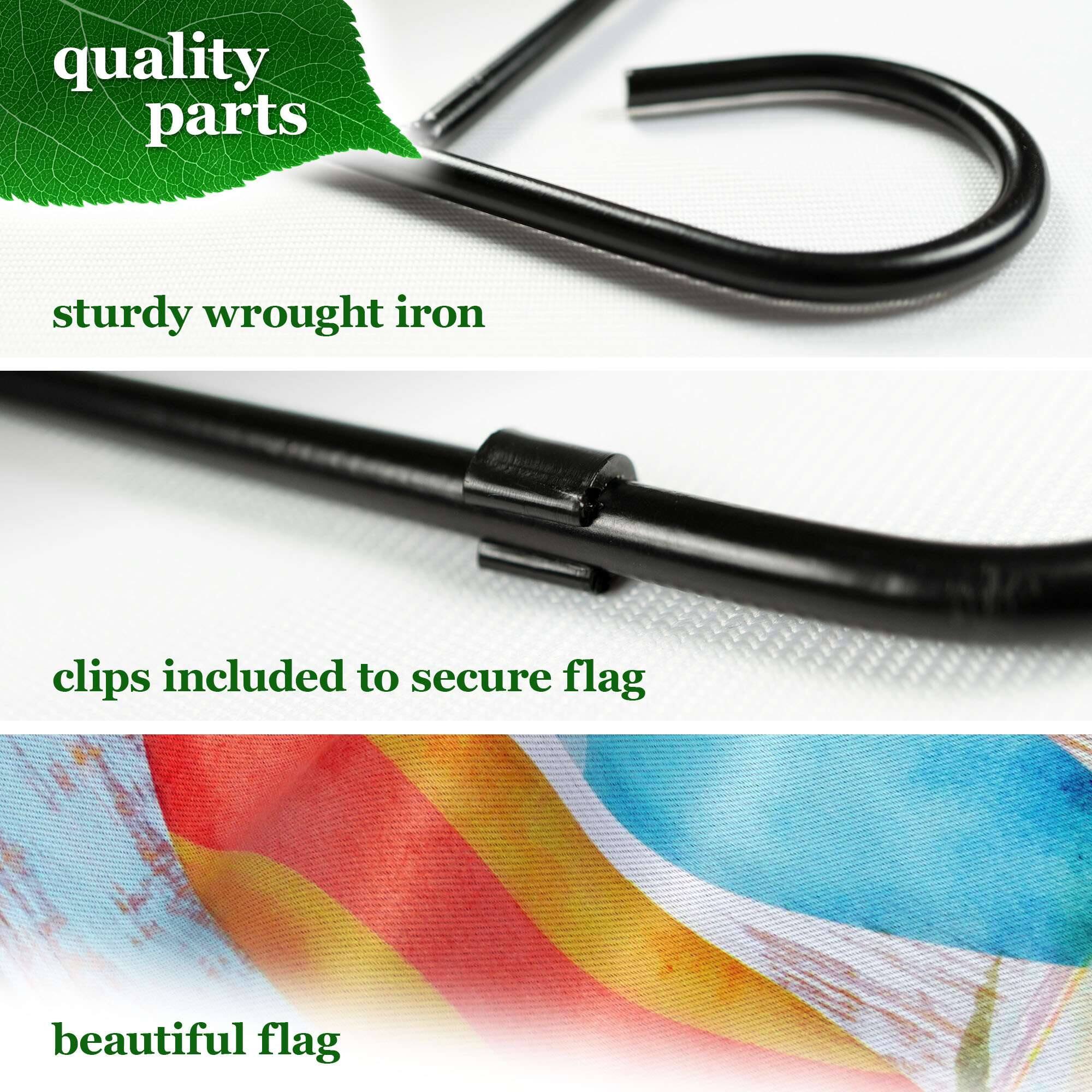 quality parts  
sturdy wrought iron  
clips included to secure flag  
beautiful flag