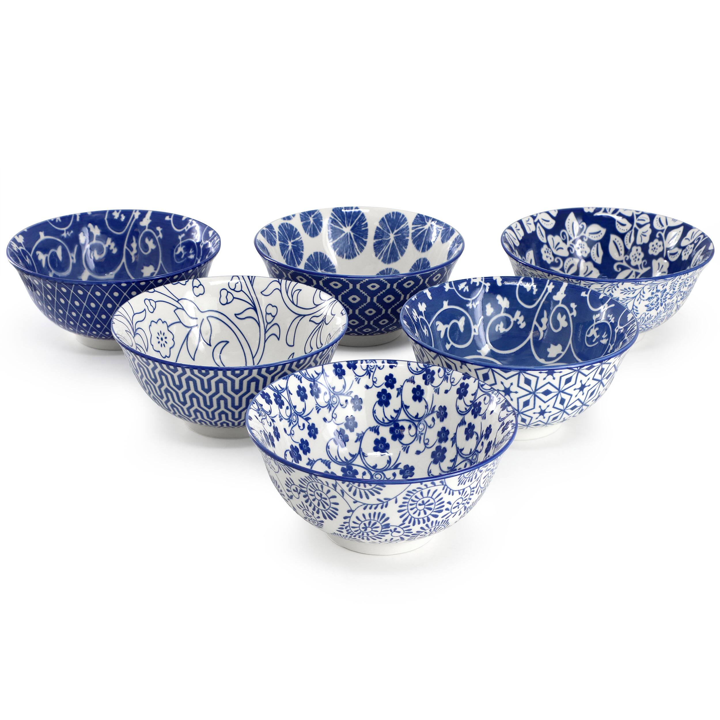 Angle. Elama - Elama Moxy 6 Piece Assorted Design 20oz Porcelain Footed Bowl Set in Blue - Blue.