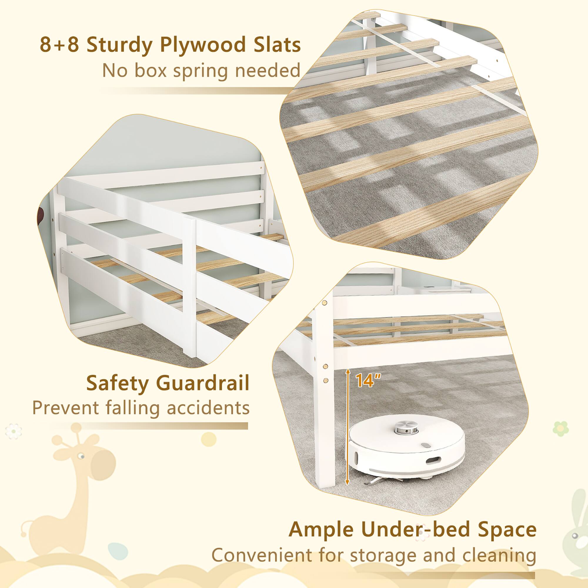 8+8 Sturdy Plywood Slats, No box spring needed, Safety Guardrail, Prevent falling accidents, 14", Ample Under-bed Space, Convenient for storage and cleaning