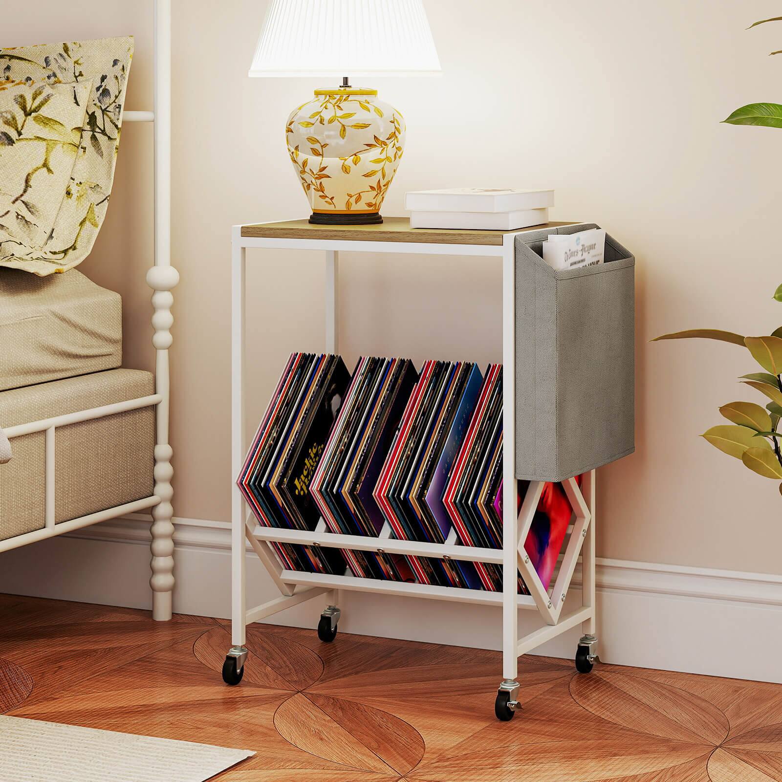 Alt View 4. Costway - Costway Record Player Stand with Vinyl Record Storage & Side Storage Pouch, Swivel Wheels - Natural.