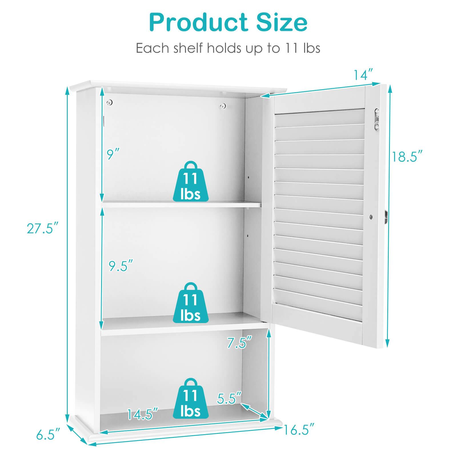 Product Size  
Each shelf holds up to 11 lbs  

- 14"  
- 18.5"  
- 27.5"  
- 9"  
- 9.5"  
- 7.5"  
- 5.5"  
- 14.5"  
- 6.5"  
- 16.5"