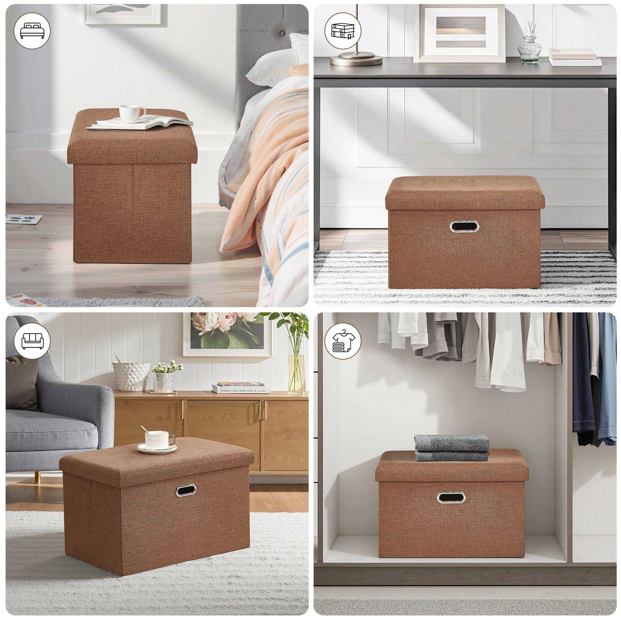 Left. Vecelo - 19" Storage Ottoman Bench with Lid, Folding Ottoman Bench, Linen Storage Bench for Bedroom Living Room - Brown.