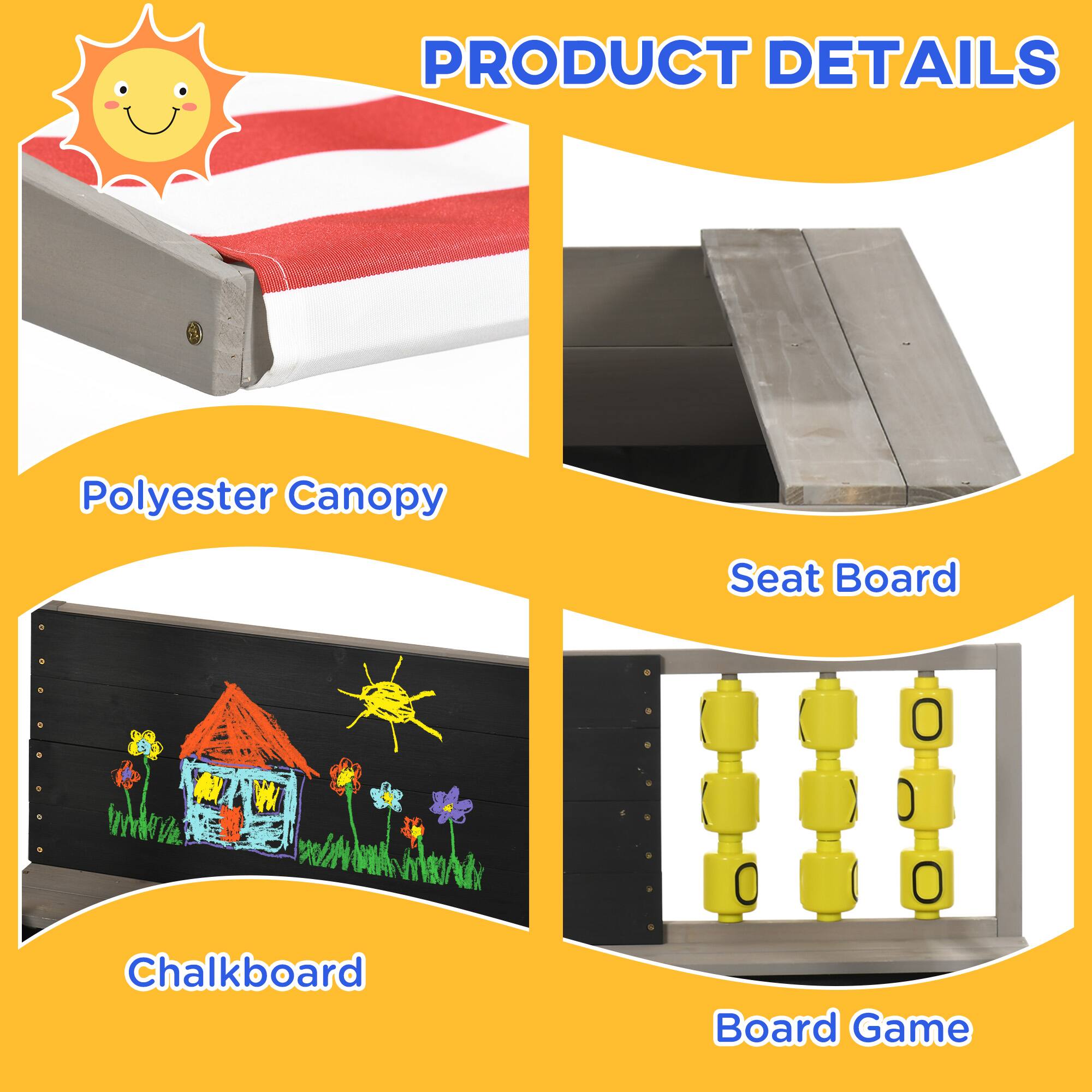 PRODUCT DETAILS

- Polyester Canopy
- Seat Board
- Chalkboard
- Board Game