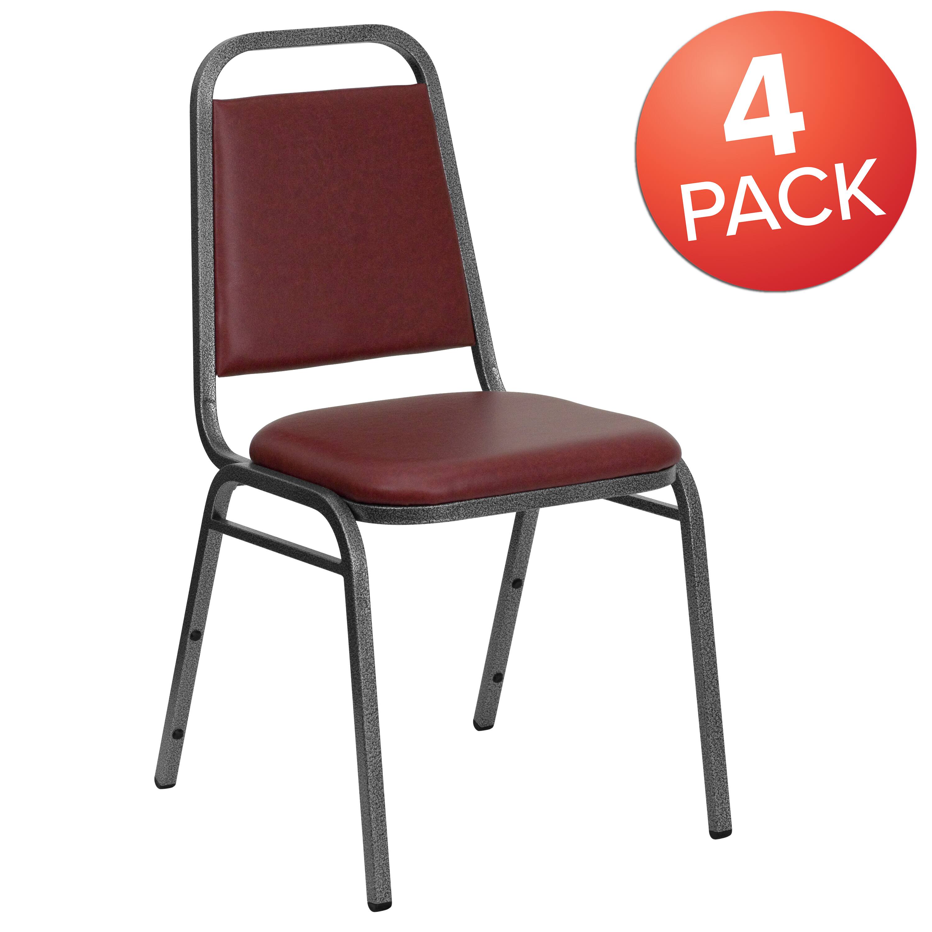 Alt View 1. Emma + Oliver - 4 Pack Trapezoidal Back Stacking Banquet Chair - Burgundy Vinyl/Silver Vein Frame.