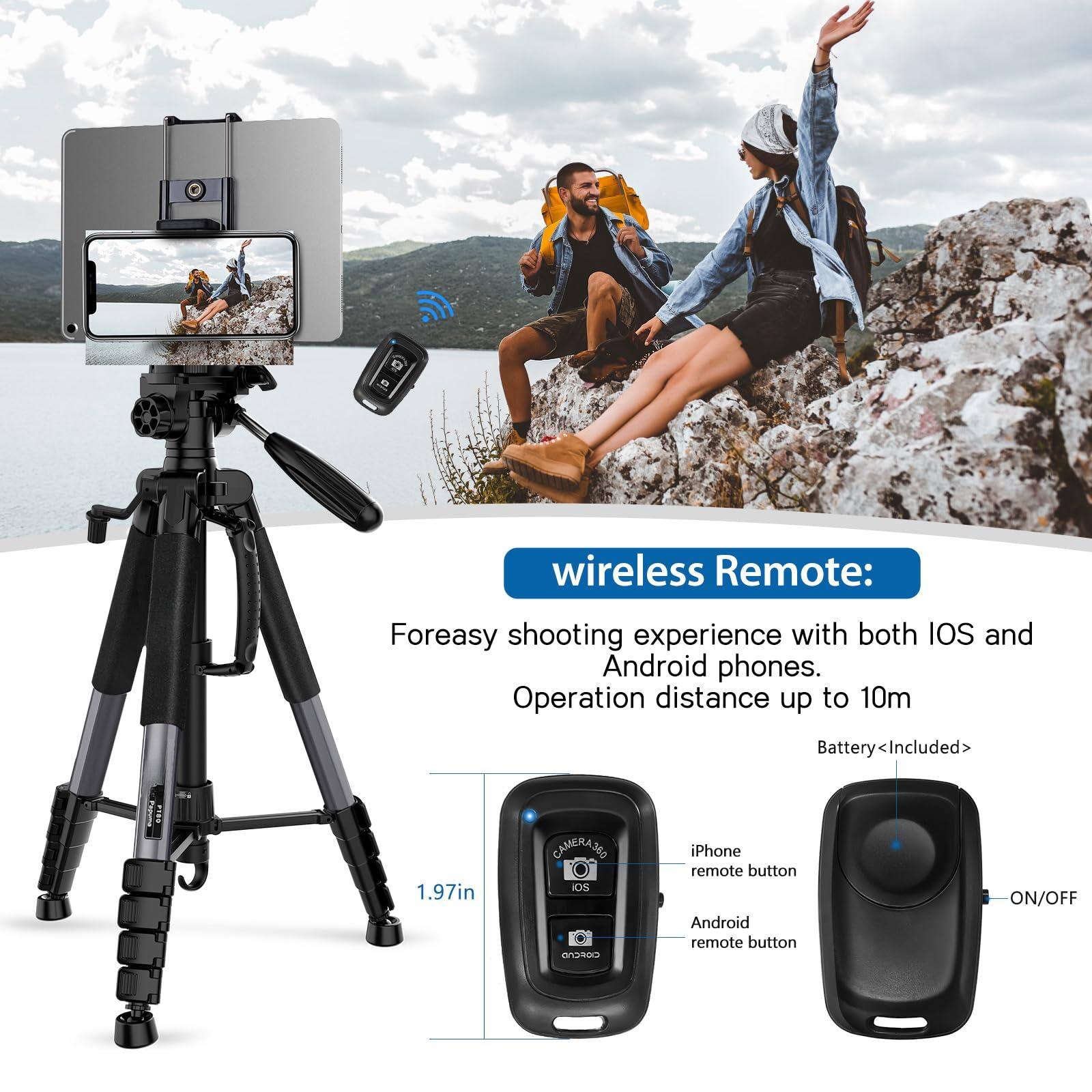 wireless Remote:  
Foreasy shooting experience with both iOS and Android phones.  
Operation distance up to 10m  
Battery Included  

1.97in  

iPhone remote button  
Android remote button  

ON/OFF