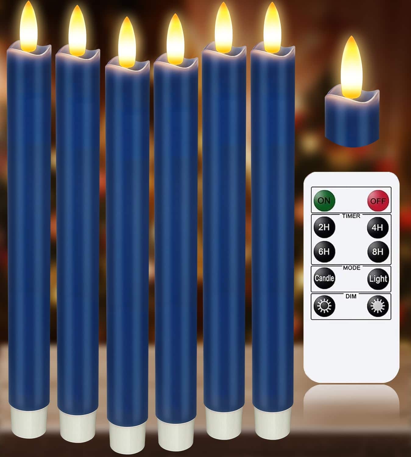 Fabibe - Upgraded Real Wax Short Led Taper Candles With Remote 6 Candlesticks Operated 3d Flickering - 6" Realistic Candle S - A-Navy Blue-6PC