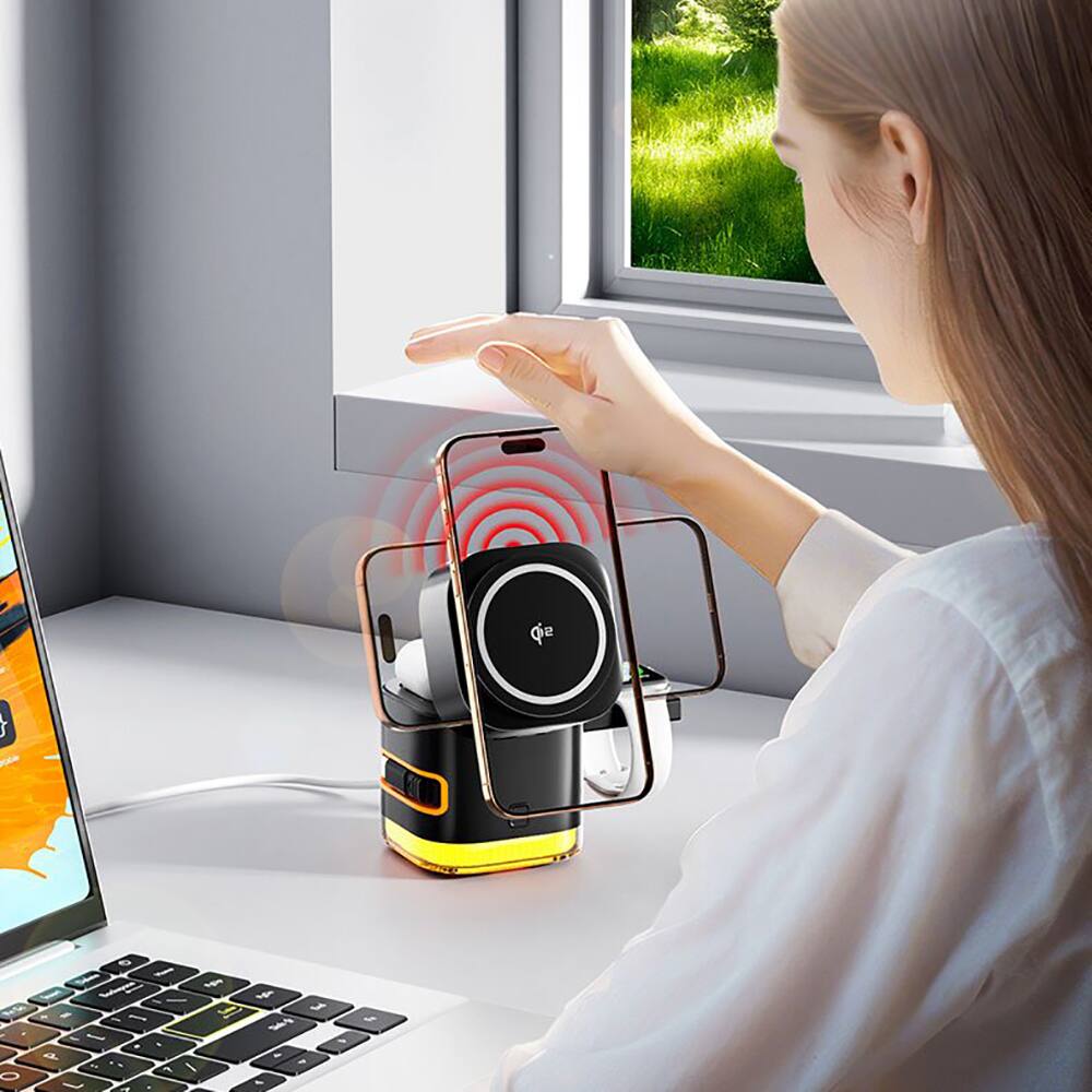 Left. Topteng - 5-in-1 Qi2 MagSafe Charging Station with 30W Retractable Cable - Fast Wireless Charger for iPhone, Watch & AirPods - Black.