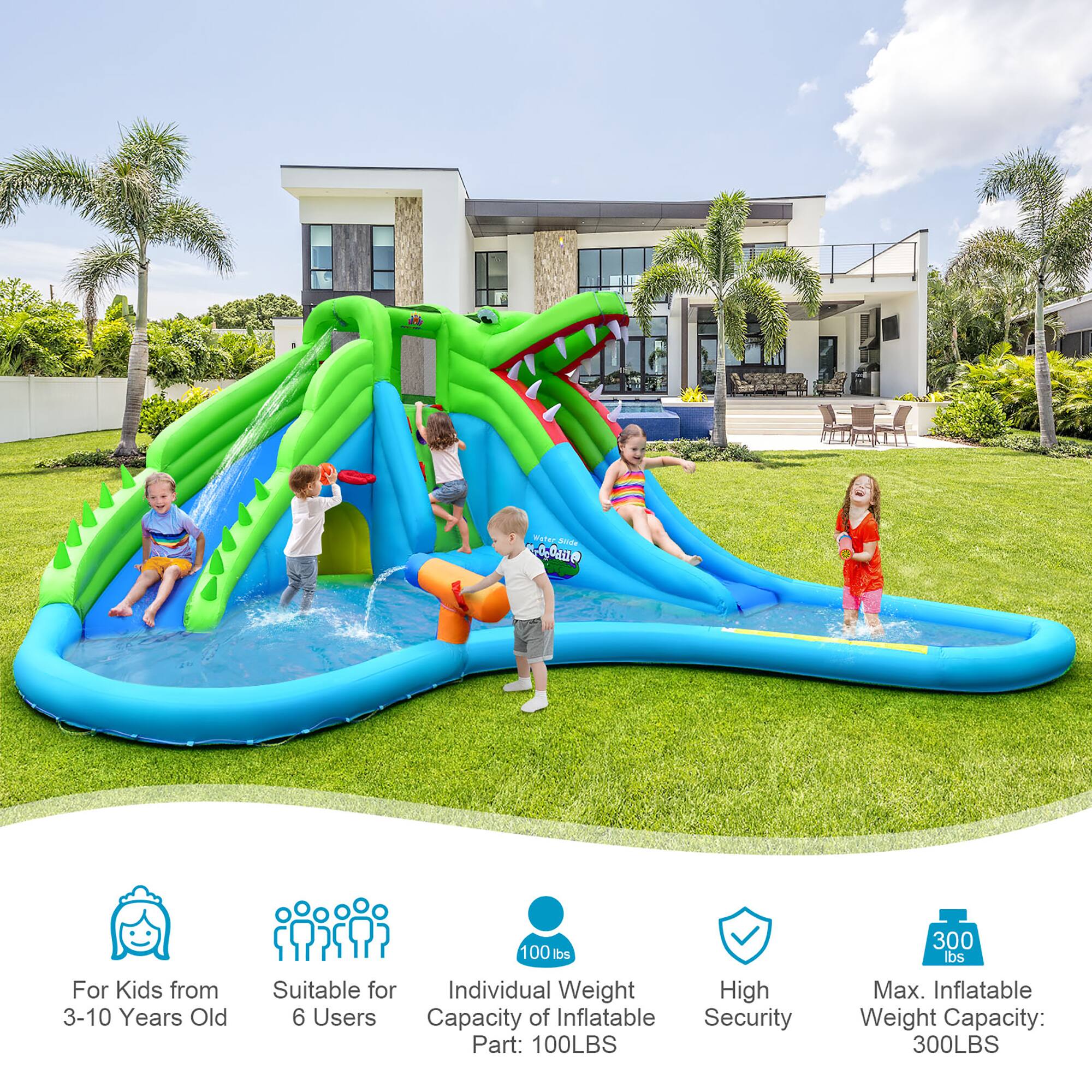 - For Kids from 3-10 Years Old
- Suitable for 6 Users
- Individual Weight Capacity of Inflatable Part: 100LBS
- High Security
- Max. Inflatable Weight Capacity: 300LBS