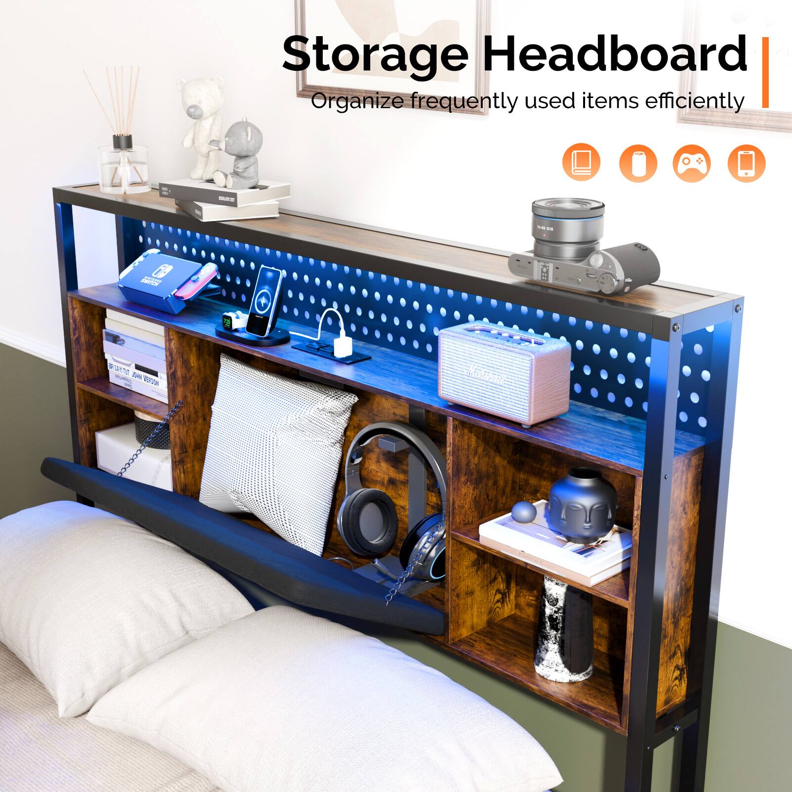 Storage Headboard  
Organize frequently used items efficiently