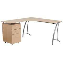 Emma + Oliver - Laminate L-Shape Desk with Three Drawer Pedestal - Beech