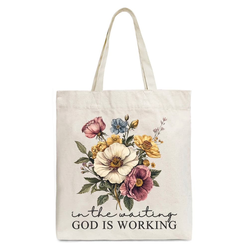 OrnamentallyYou - In the Waiting God Is Working Floral Christian Canvas Tote Bag, Vintage Wildflower Faith Gift Shopper - Beige