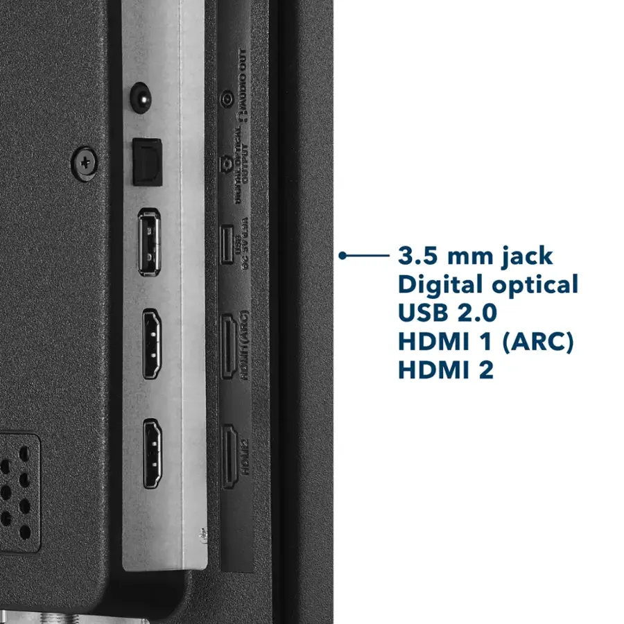 3.5 mm jack, Digital optical, USB 2.0, HDMI 1 (ARC), HDMI 2