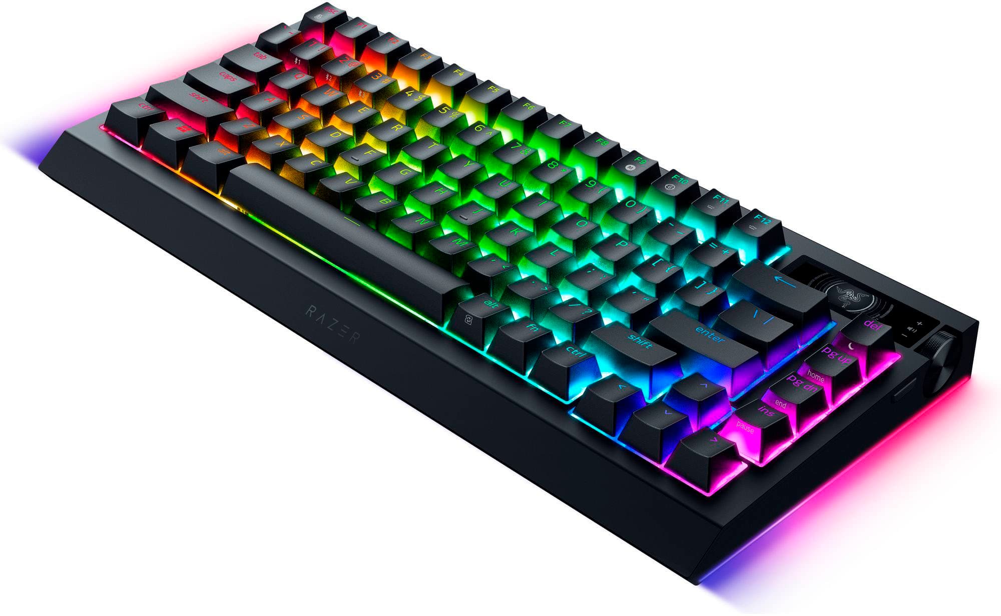 The image shows a colorful keyboard with a rainbow pattern on the keys. The keys are arranged in a row, and they include letters, numbers, and function keys. The keyboard is designed to be visually appealing and easy to use. The keys are arranged in a way that allows for efficient typing and navigation, making it a great choice for anyone who wants a stylish and functional keyboard.