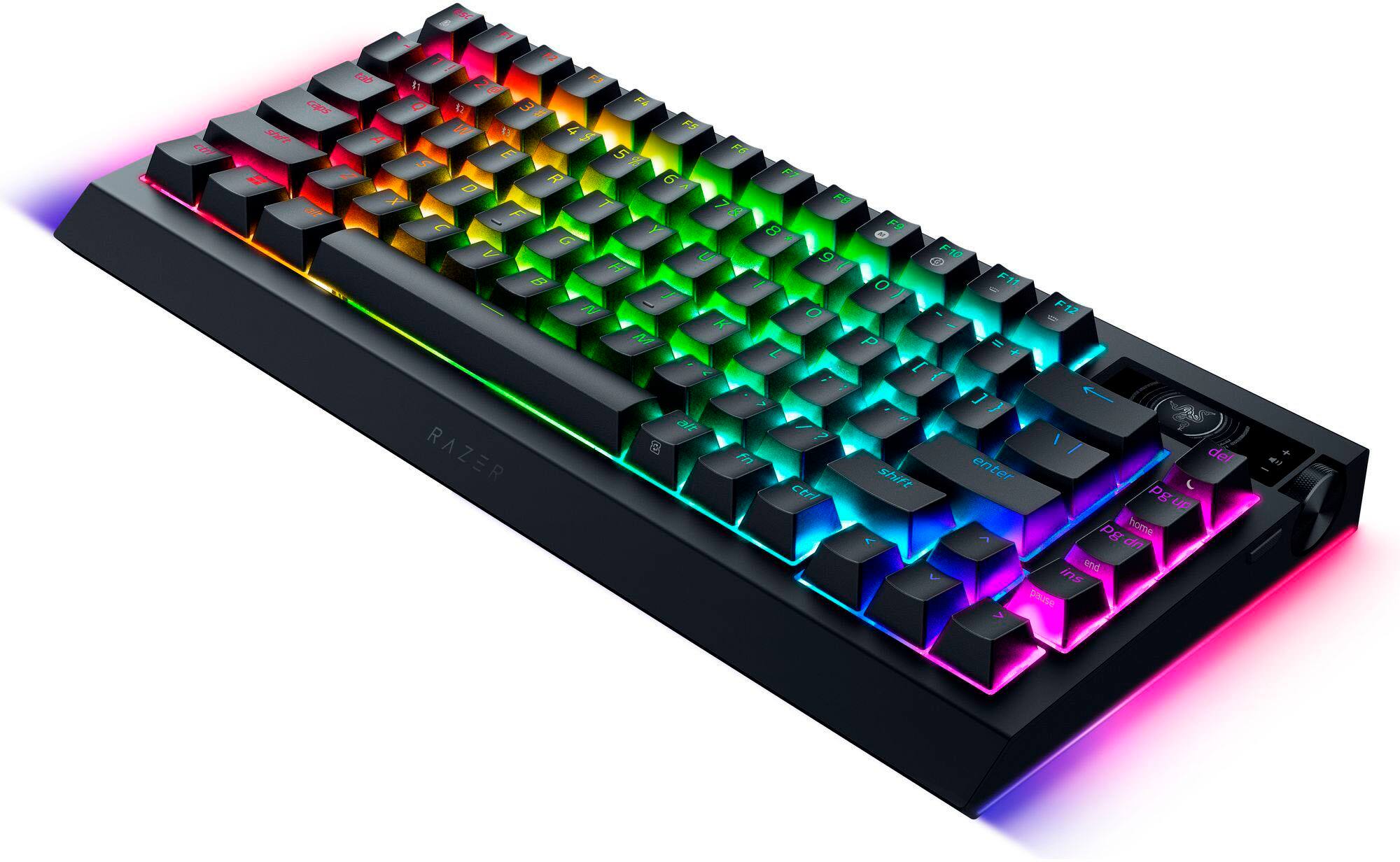 The image shows a colorful keyboard with a rainbow pattern on the keys. The keys are arranged in a row, and they include letters, numbers, and function keys. The keyboard is designed to be visually appealing and easy to use. The keys are arranged in a way that allows for efficient typing and navigation, making it a great choice for anyone who wants a stylish and functional keyboard.