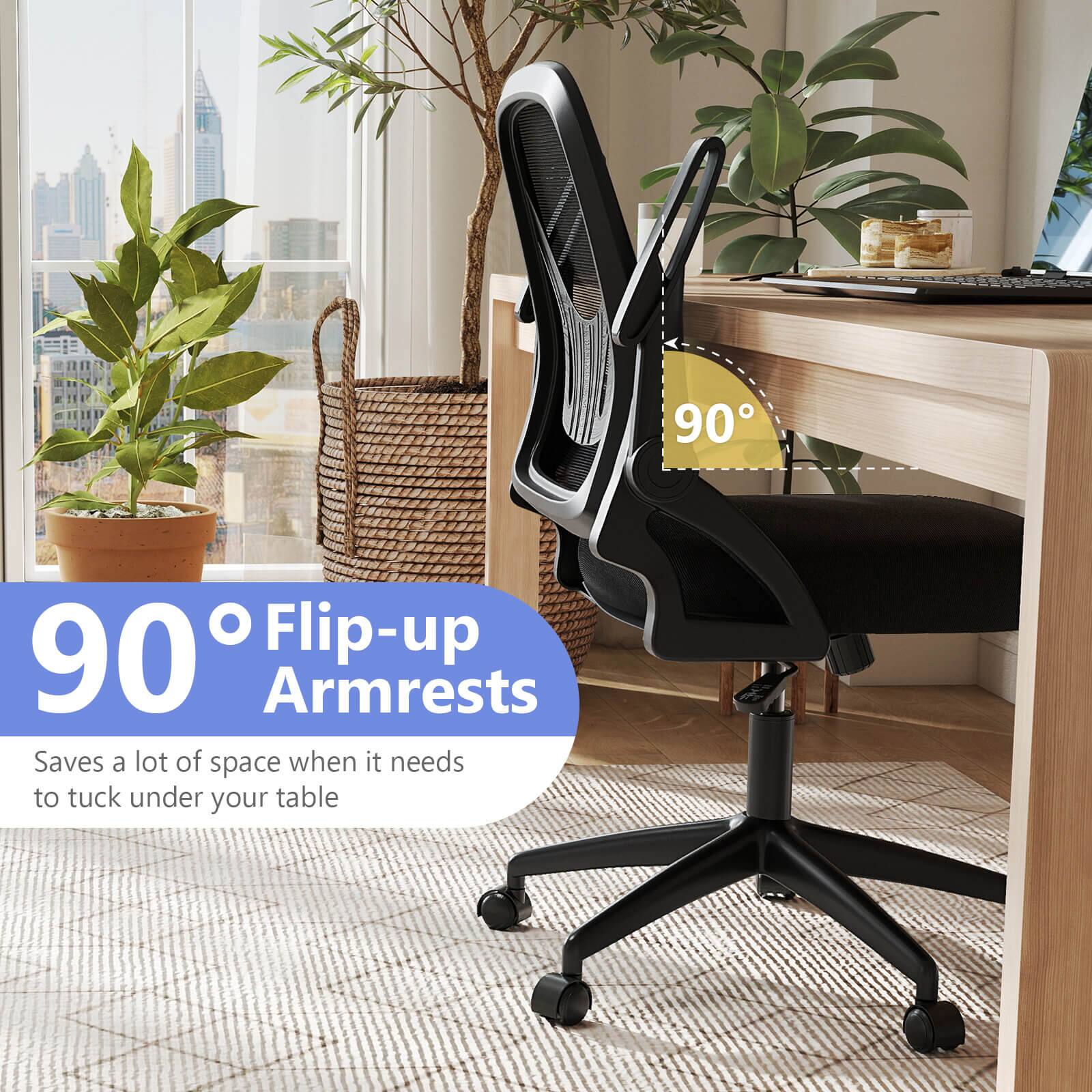 90° Flip-up Armrests

Saves a lot of space when it needs to tuck under your table