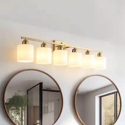 Front. HOMLUX - 38.19 in. 6 Lights Gold LED Vanity Light Bar Vanity Accent Lighting Fixtures and Metal Wall Sconces with Crystal Shade.
