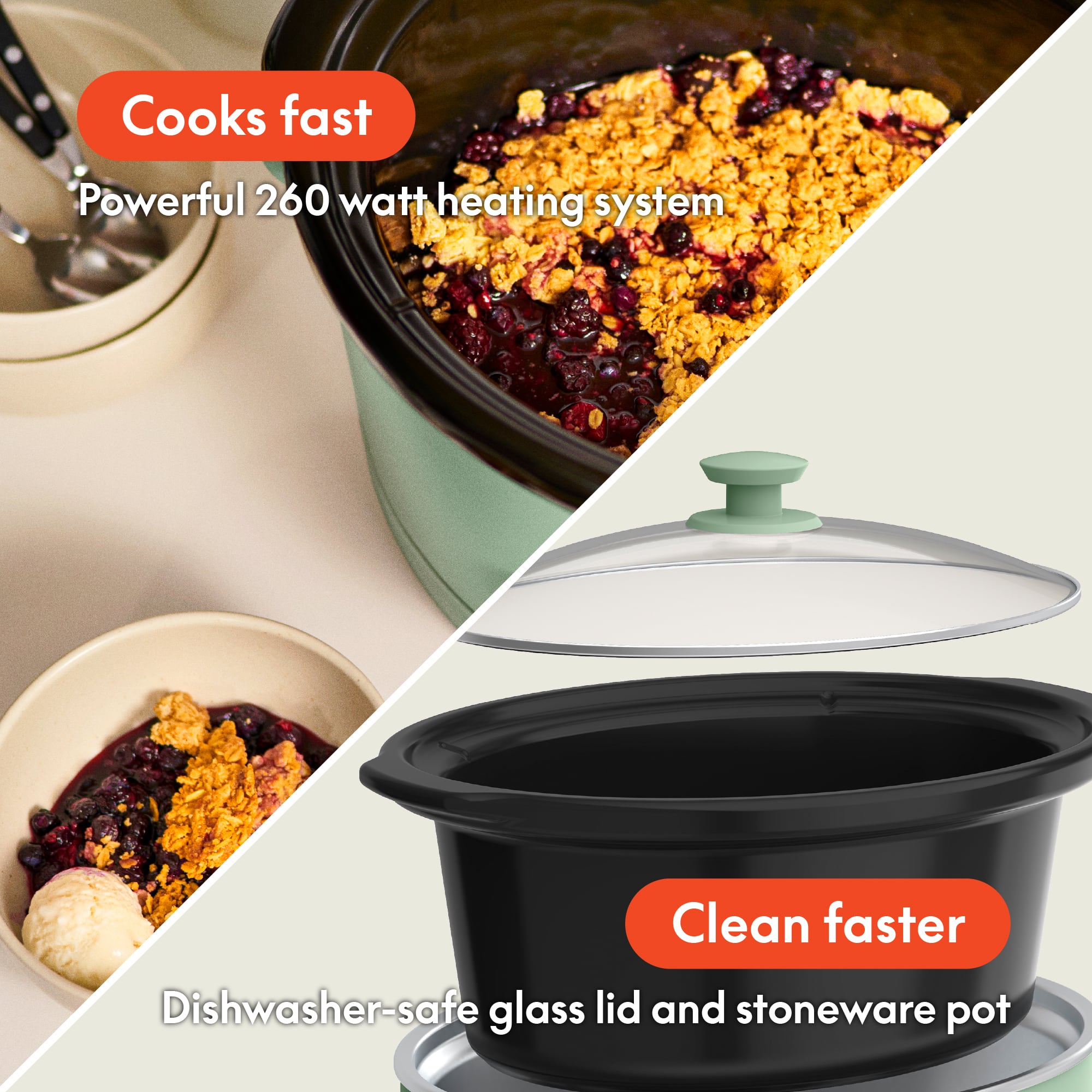 - Cooks fast
- Powerful 260 watt heating system
- Clean faster
- Dishwasher-safe glass lid and stoneware pot