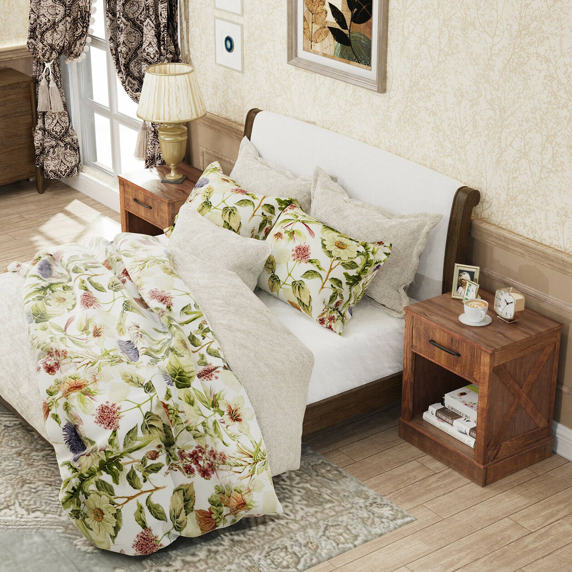 Alt View 4. Gymax - Gymax 2PCS Nightstand with Drawer and Shelf Rustic Wooden Bedside Table Bedroom Brown - Brown.