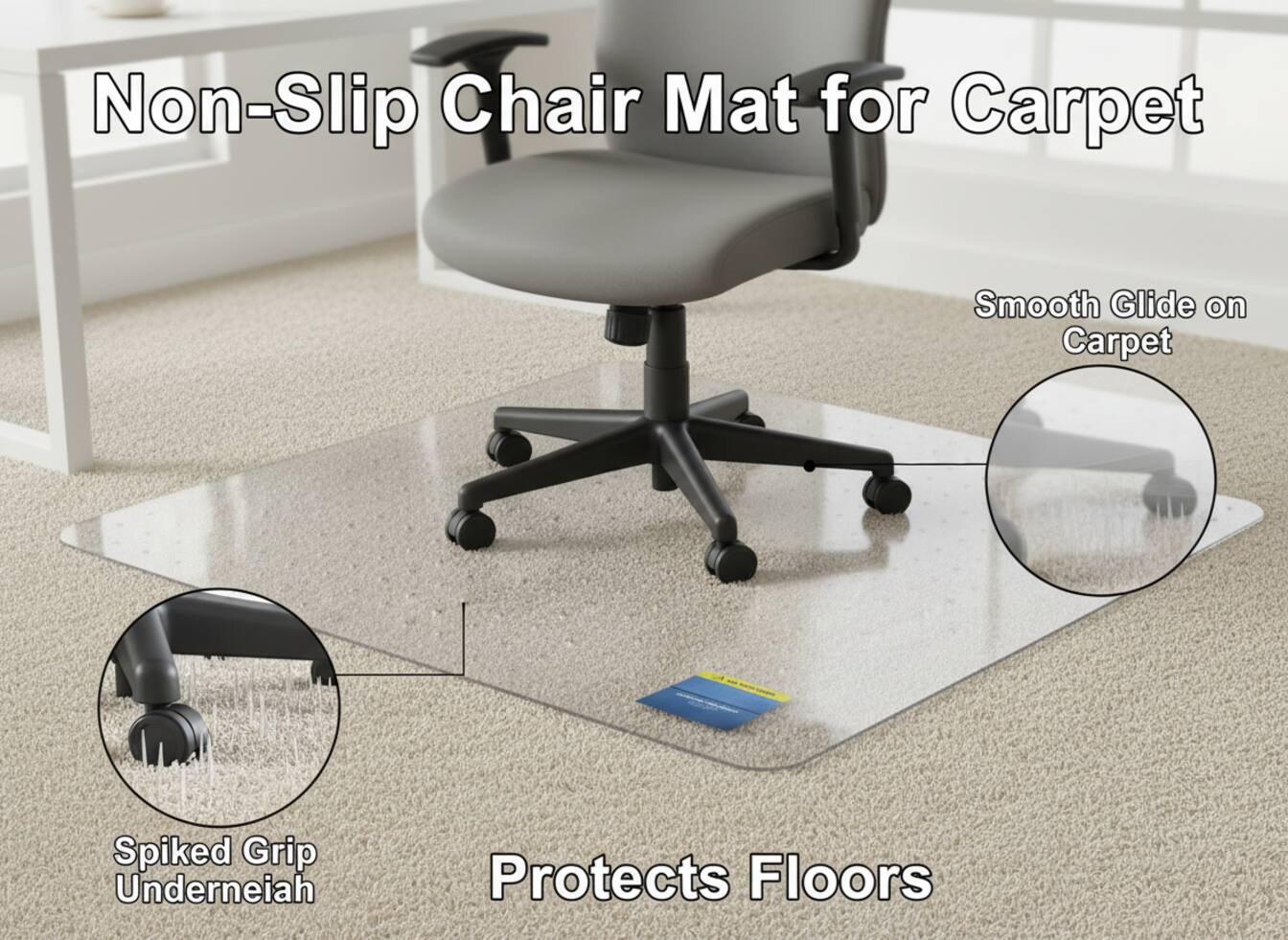 Non-Slip Chair Mat for Carpet

Smooth Glide on Carpet

Spiked Grip Underneath

Protects Floors