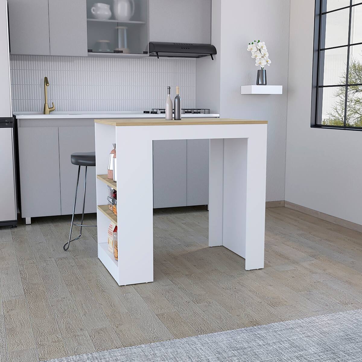 Front. Loheer - Loheer Modern Stationary Kitchen Island with 3 Side Shelves Rectangular Engineered Wood - Multicolor.