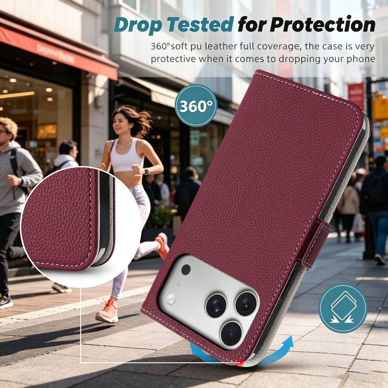 Drop Tested for Protection  
360° soft pu leather full coverage, the case is very protective when it comes to dropping your phone