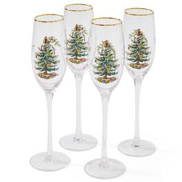 Spode - Christmas Tree Gold 8.5oz Champagne Flutes - Set of 4 - Clear