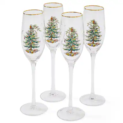 Front. Spode - Spode Christmas Tree Gold 8.5oz Champagne Flutes - Set of 4 - Clear.