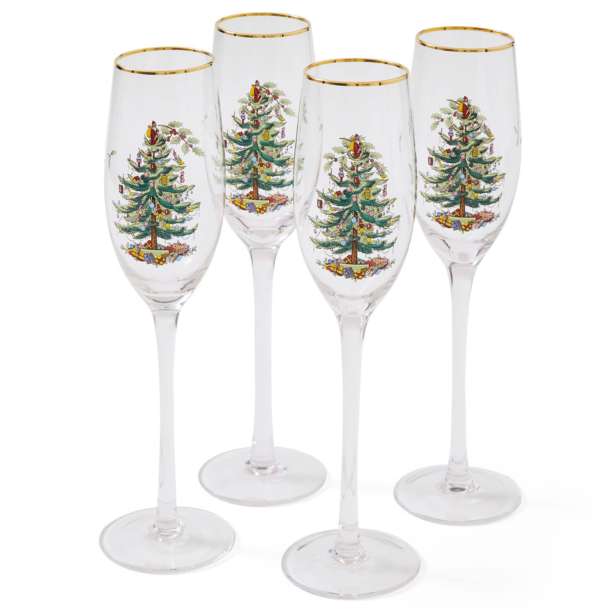 Front. Spode - Spode Christmas Tree Gold 8.5oz Champagne Flutes - Set of 4 - Clear.
