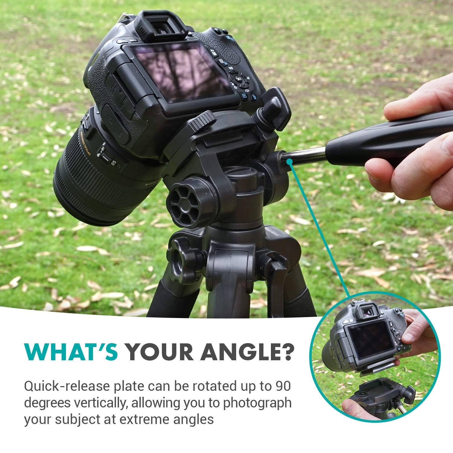**WHAT'S YOUR ANGLE?**

Quick-release plate can be rotated up to 90 degrees vertically, allowing you to photograph your subject at extreme angles.