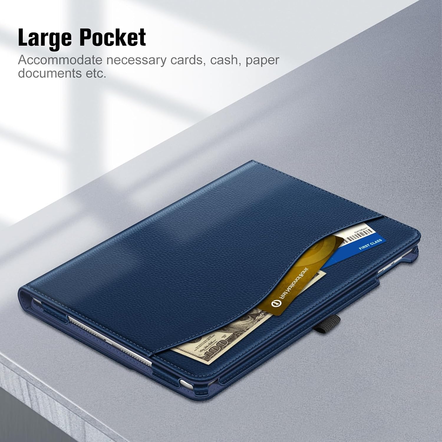 Large Pocket  
Accommodate necessary cards, cash, paper documents etc.  

Fist National Bank  
ILLIDUNIO SERVAN FIRST CLASS