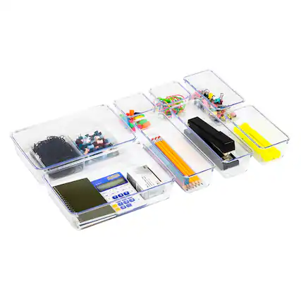 Front. Mind Reader - 8-Piece Drawer Organizer Set, Storage Trays, Utensil Holder, Plastic - Clear.