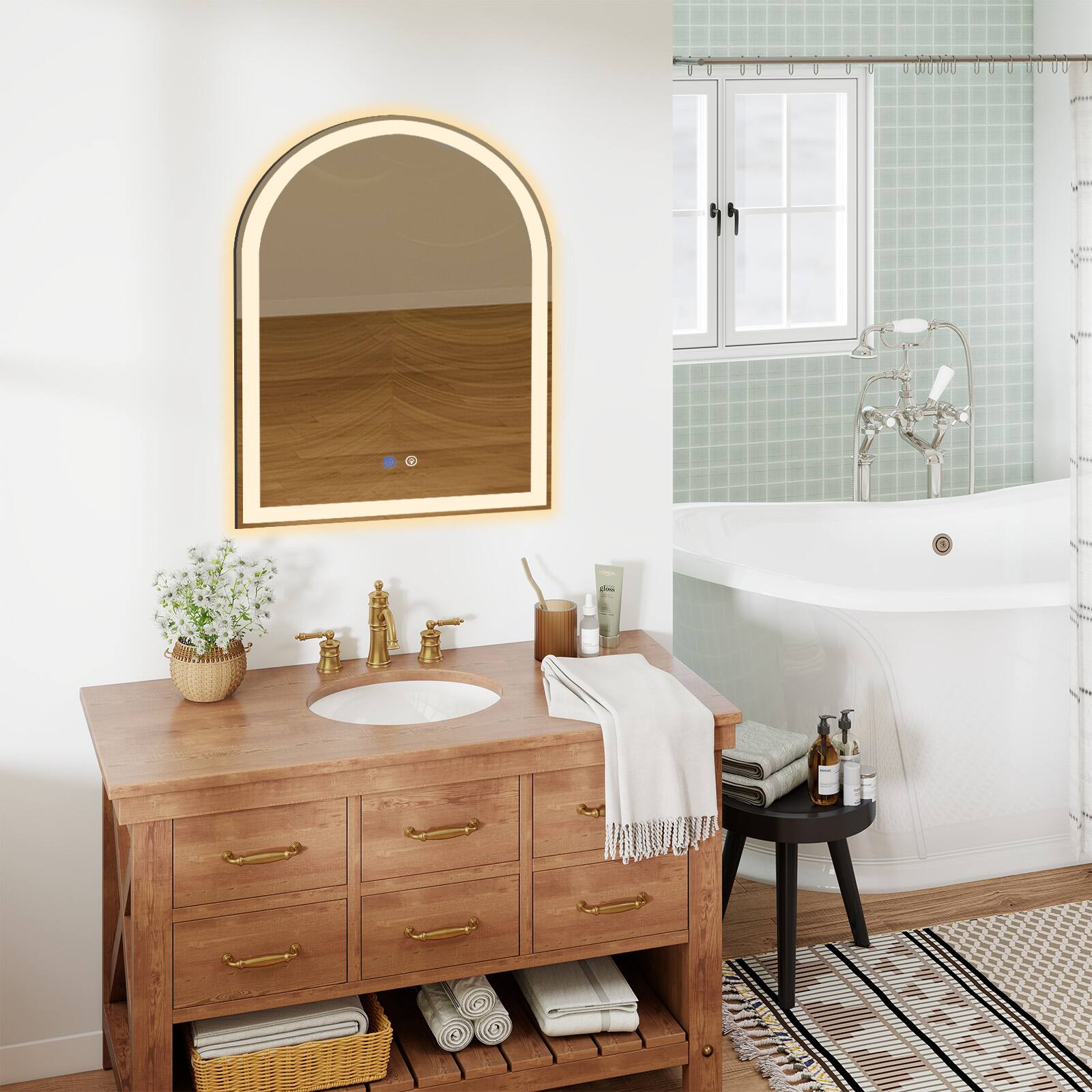 Front. AOITUN - Arched LED Bathroom Mirror, Wall Mounted Vanity Light with Anti-Fog, 3 Colors & Dimmable Memory Touch Switch, 20*28".