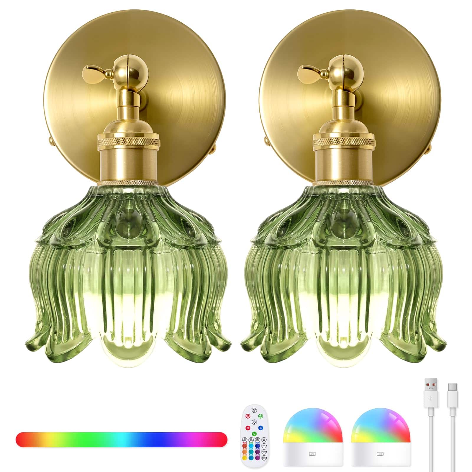 Comfort Essence - Vintage Operated Wall Sconces mah Rechargeable Dimmable Lights With Remote Control Set Of Cognac Flower G - Flower Green