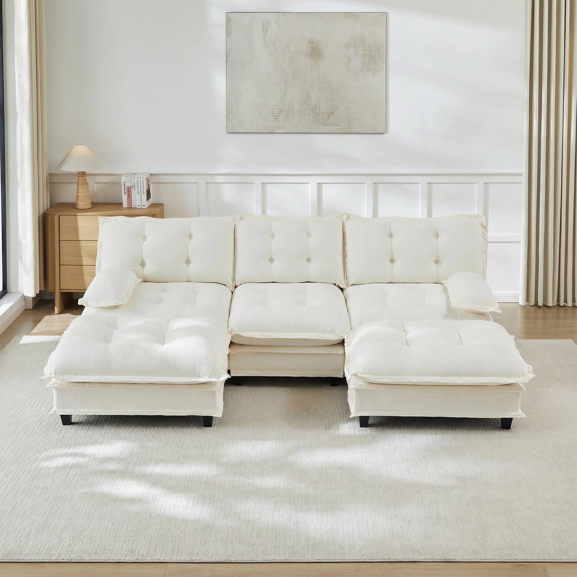 Angle. LOVMOR - 107 inch U Shaped Modular Deep Seat 3 Seat Chenille Sectional Couch Compressed Pack For Bedroom Apartment Cozy - Beige.