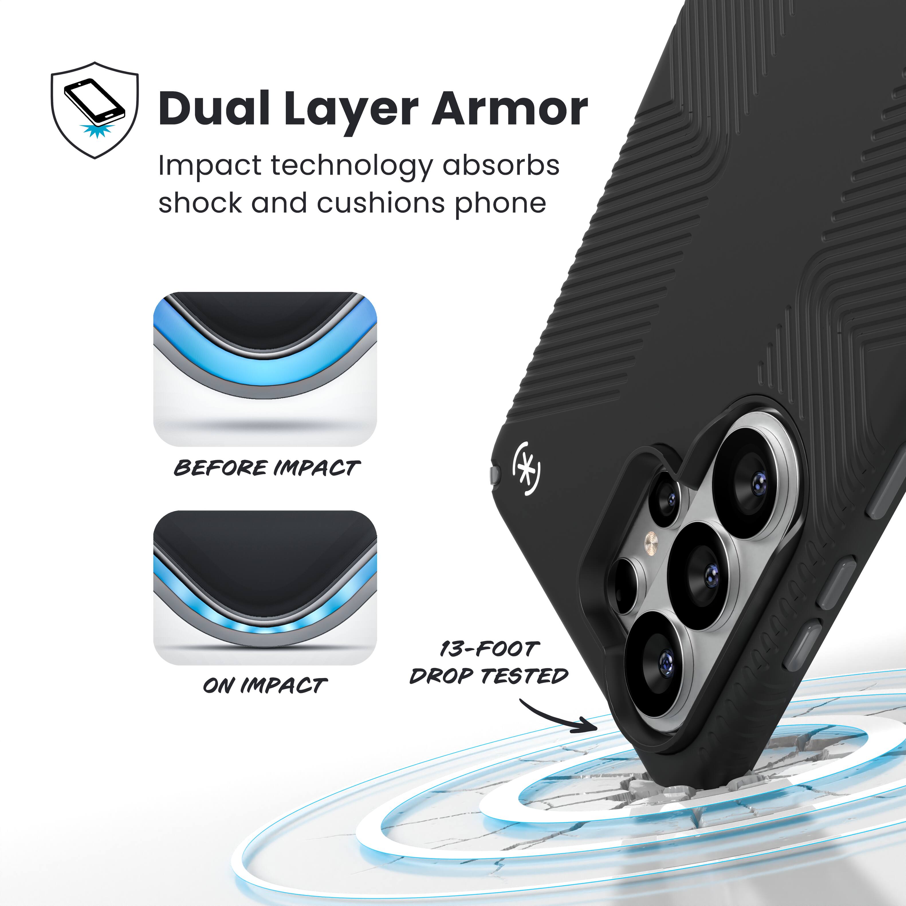 Dual Layer Armor  
Impact technology absorbs shock and cushions phone  

BEFORE IMPACT  
ON IMPACT  

13-FOOT DROP TESTED