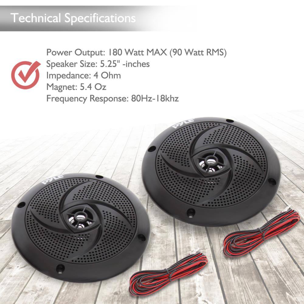 Pyle PLMRS5B 5.25 Inch 180 Watt Waterproof Weather Resistant Outdoor Rated Low Profile Slim Style Marine Speakers, Black (4 Speakers) : Pyle Waterproof Marine Speakers - Pair of 5.25\" 180