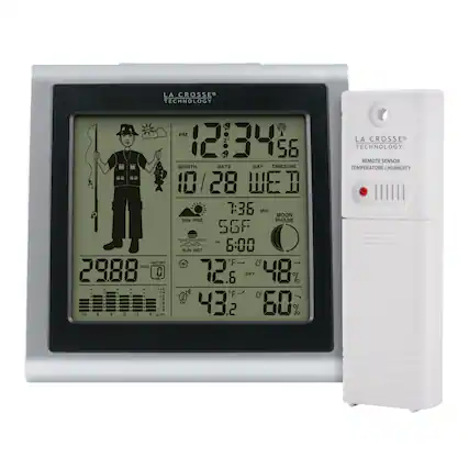 LA CROSSE TECHNOLOGY PM 121343
56 MONTH DATE DAY TIMEZONE 10/28 WED 7:36 MID MOON PHASE SGF
SUN RISE 7:36 SUN SET 6:00
DESTROY in 3 | o nimg 2988 0
72.5 DRY 48% ... - - -4 . d *F - + - V 432 60 - 1 - -8 - 3 - 2 - 1 - 4
de + .2
LA CROSSE TECHNOLOGY REMOTE SENSOR TEMPERATURE HUMIDITY